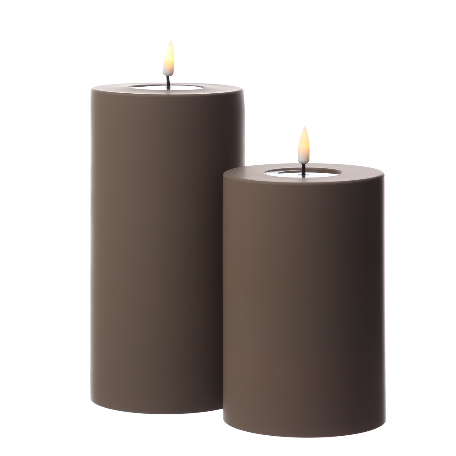 LED Stumpenkerze MIA - Kunststoff - realistische 3D Flamme - H: 15cm - D: 10cm - für Außen - mokka