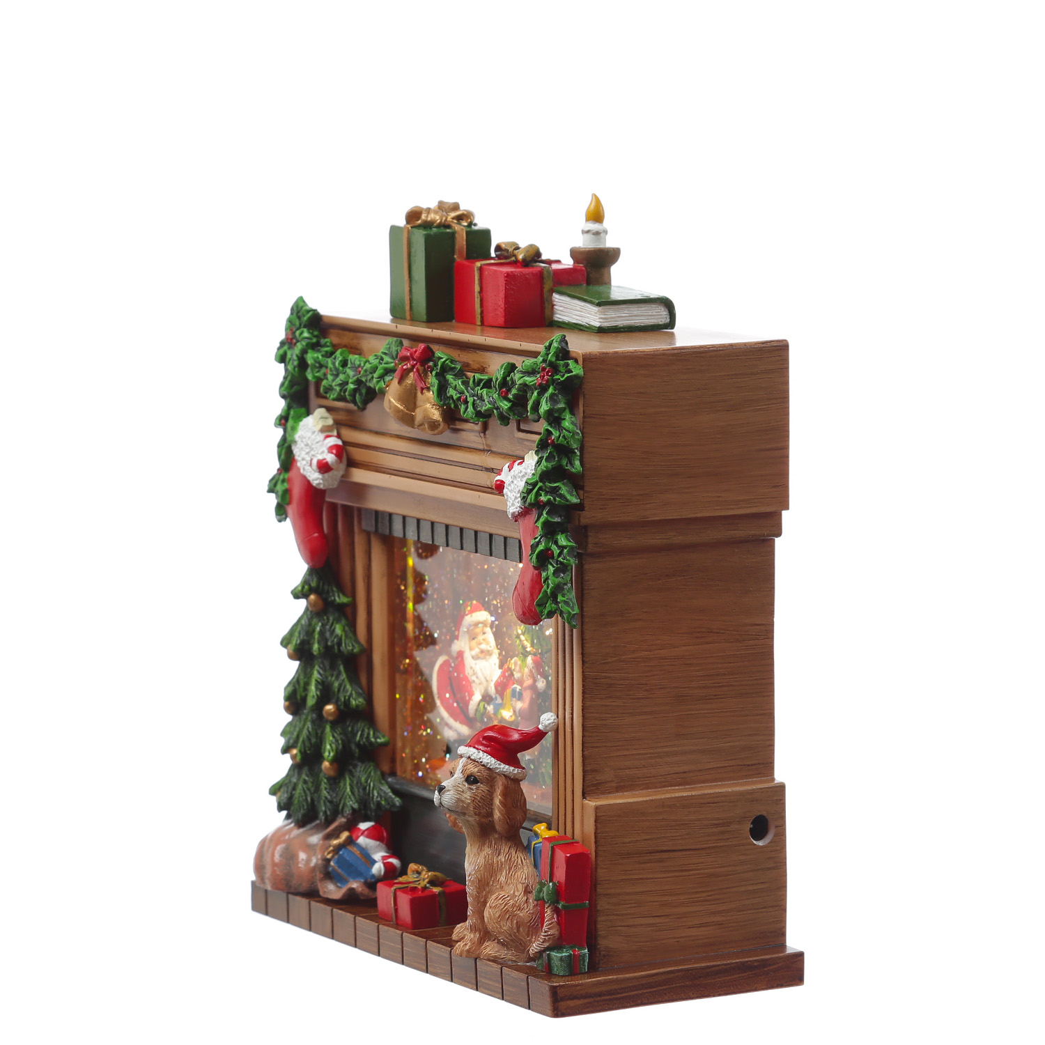 LED Wasserlaterne Kamin mit Weihnachtsmann - glitzernde Flocken - Musik - H: 23cm - Batteriebetrieb