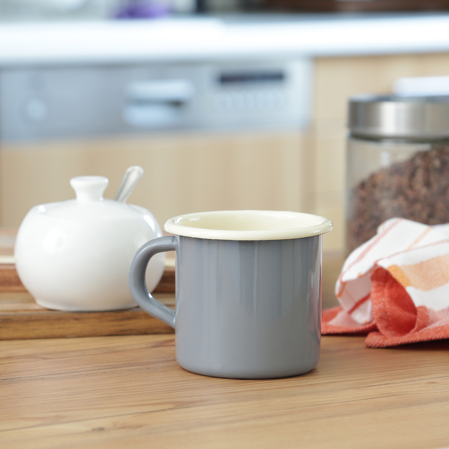Krüger Becher - Blechbecher emailliert - D: 8cm - 0,35L - grau, creme