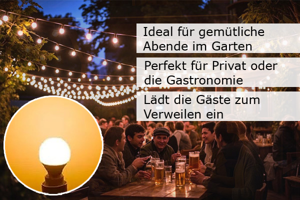 Illu-/Partylichterkette 10m - Außenlichterkette - Made in Germany - 10 ultra-warmweiße LED Kugeln