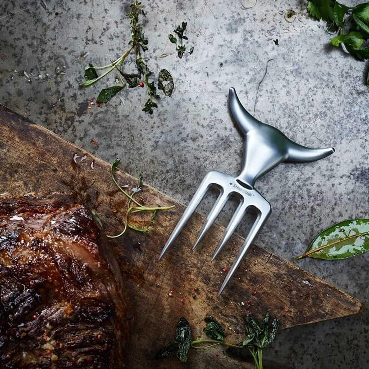 STEAK CHAMP BULL FORK Gabel mit Leder Holster - Profi Werkzeug mit Gürtelclip