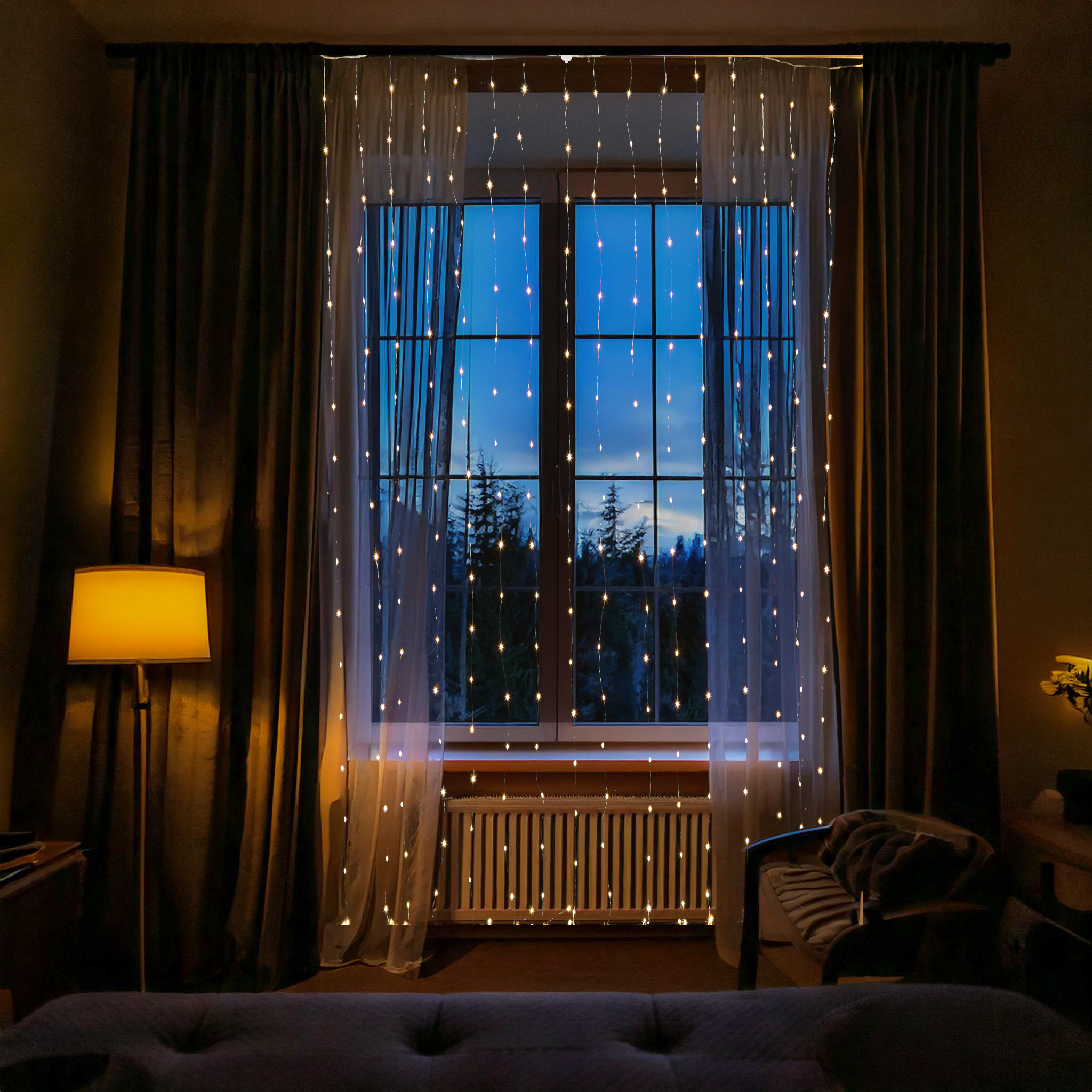 LED Lichtervorhang - 40 Stränge - 800 warmweiße LED - L: 3,9m - H: 2m - Timer - Außentrafo - silber LED Lichtervorhang - 40 Stränge - 800 warmweiße LED - L: 3,9m - H: 2m - Timer - Außentrafo - silber