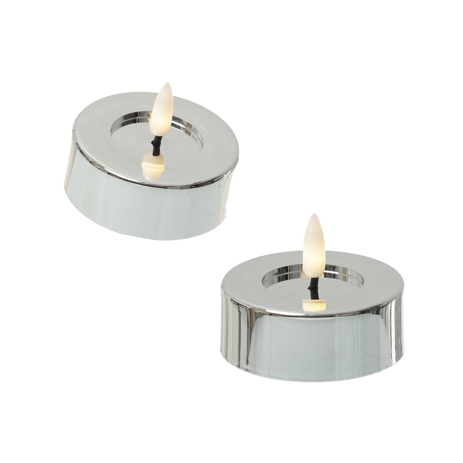 LED Maxi Teelichter - Kunststoff - D: 6,5cm - H: 5cm - Timer - silber glänzend - 2er Set LED Maxi Teelichter - Kunststoff - D: 6,5cm - H: 5cm - Timer - silber glänzend - 2er Set