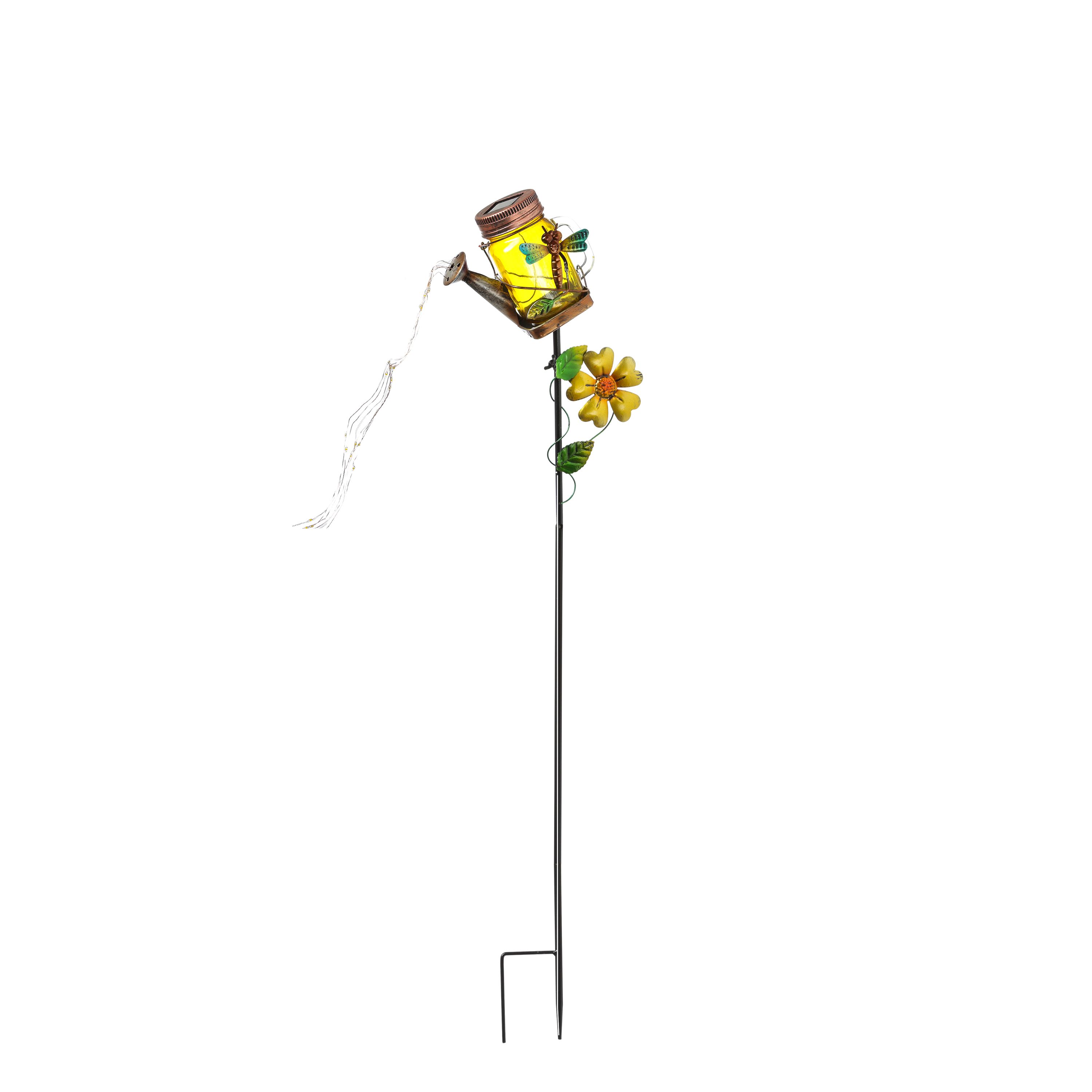 LED Solar Gießkanne mit Wasserfall Lichterkette - Gelbes Solarglas mit Libelle - H: 80cm - Sensor