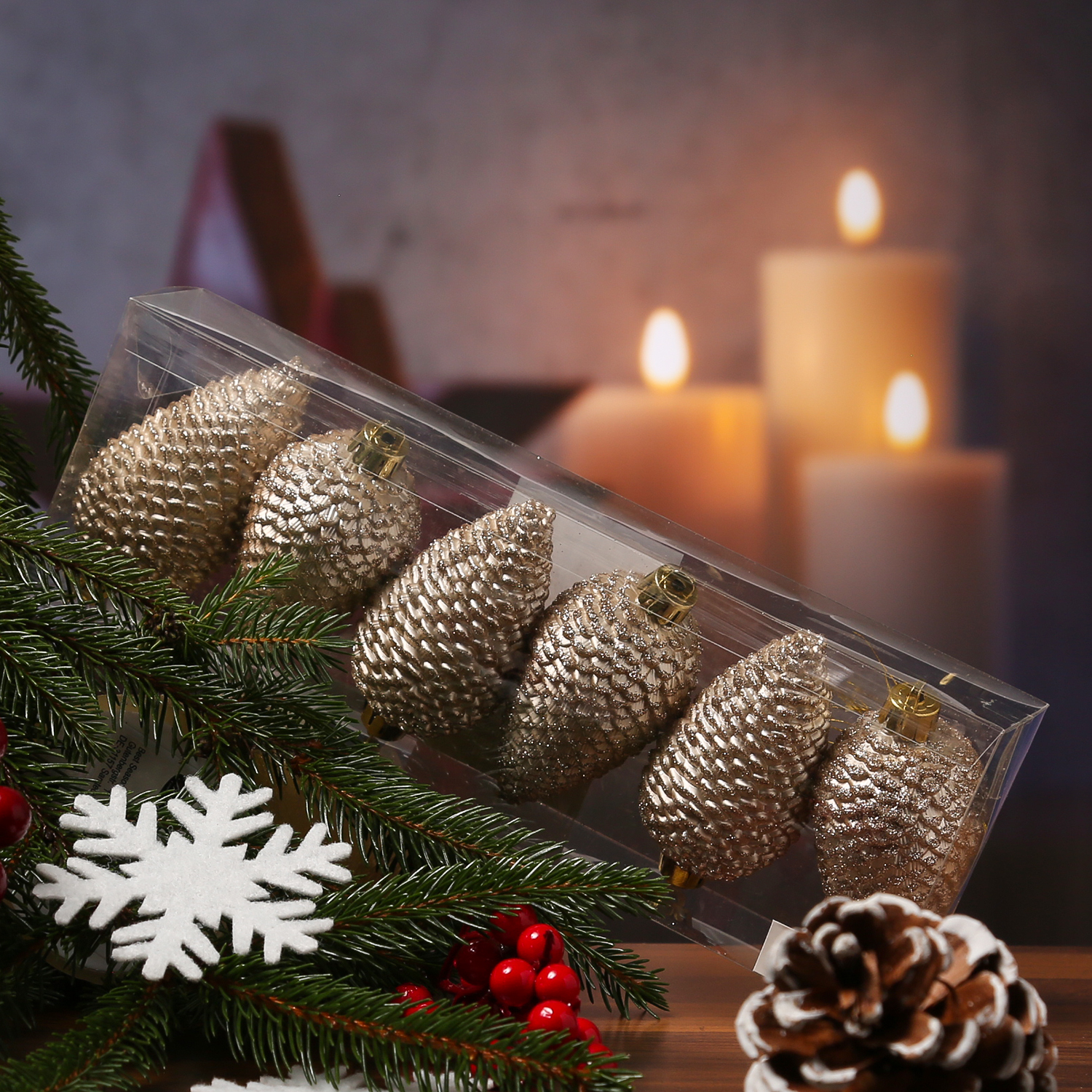 Christbaumschmuck ZAPFEN - Weihnachtsbaumschmuck - bruchfest - H: 8cm - champagner - 6er Set Christbaumschmuck ZAPFEN - Weihnachtsbaumschmuck - bruchfest - H: 8cm - champagner - 6er Set