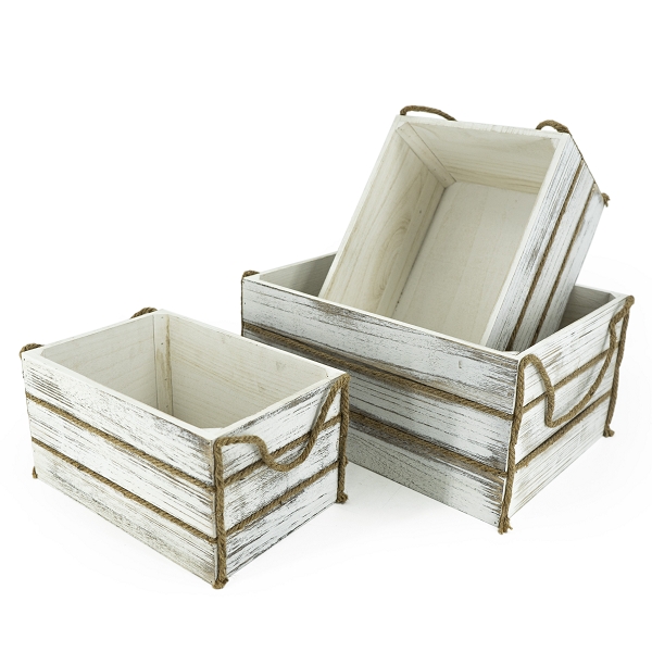 Maritime Holzkosten weiß 3er Set - Lagerkisten mit Juteseil 3 Größen