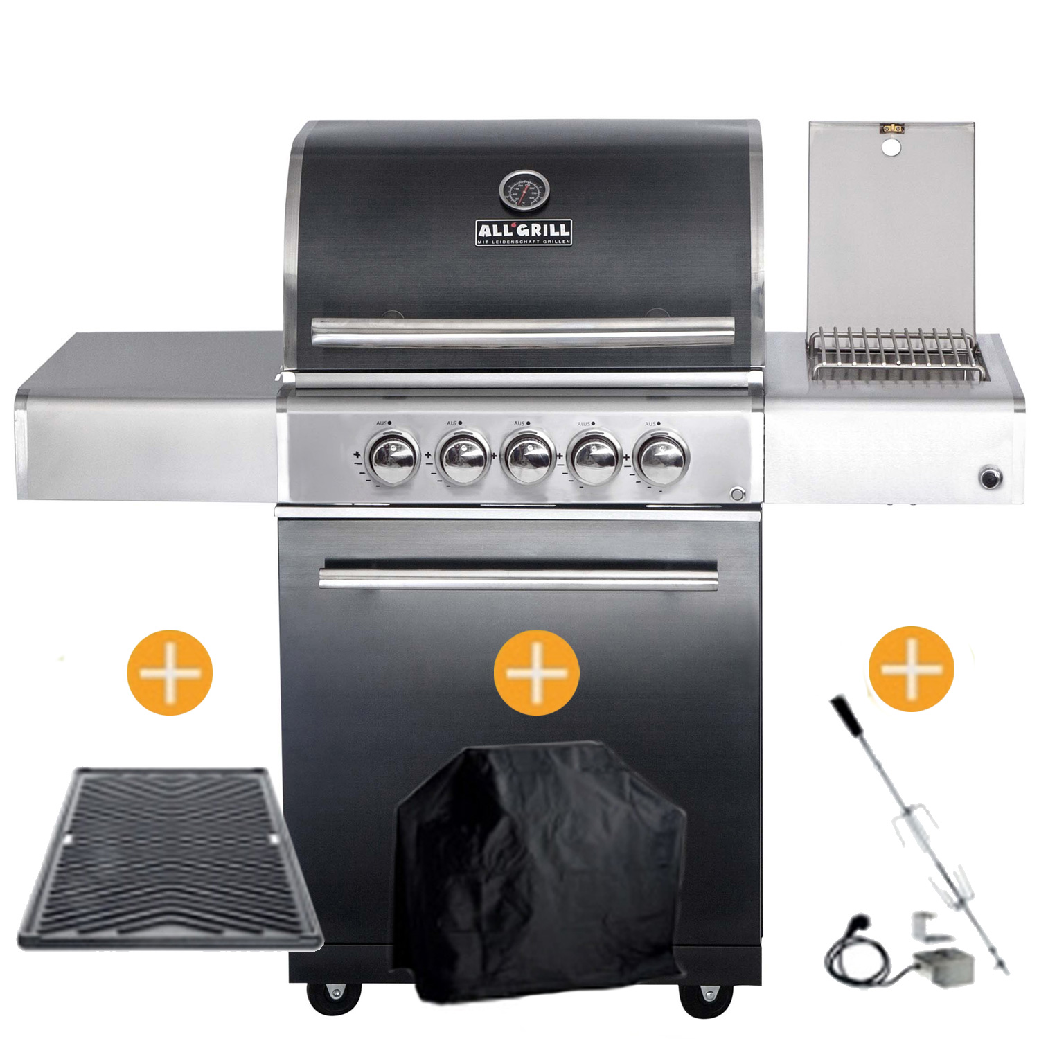 CHEF Paket M1 schwarz 3 Brenner Backburner Seitenkocher GRATIS: Cover, Grillplatte, Spieß
