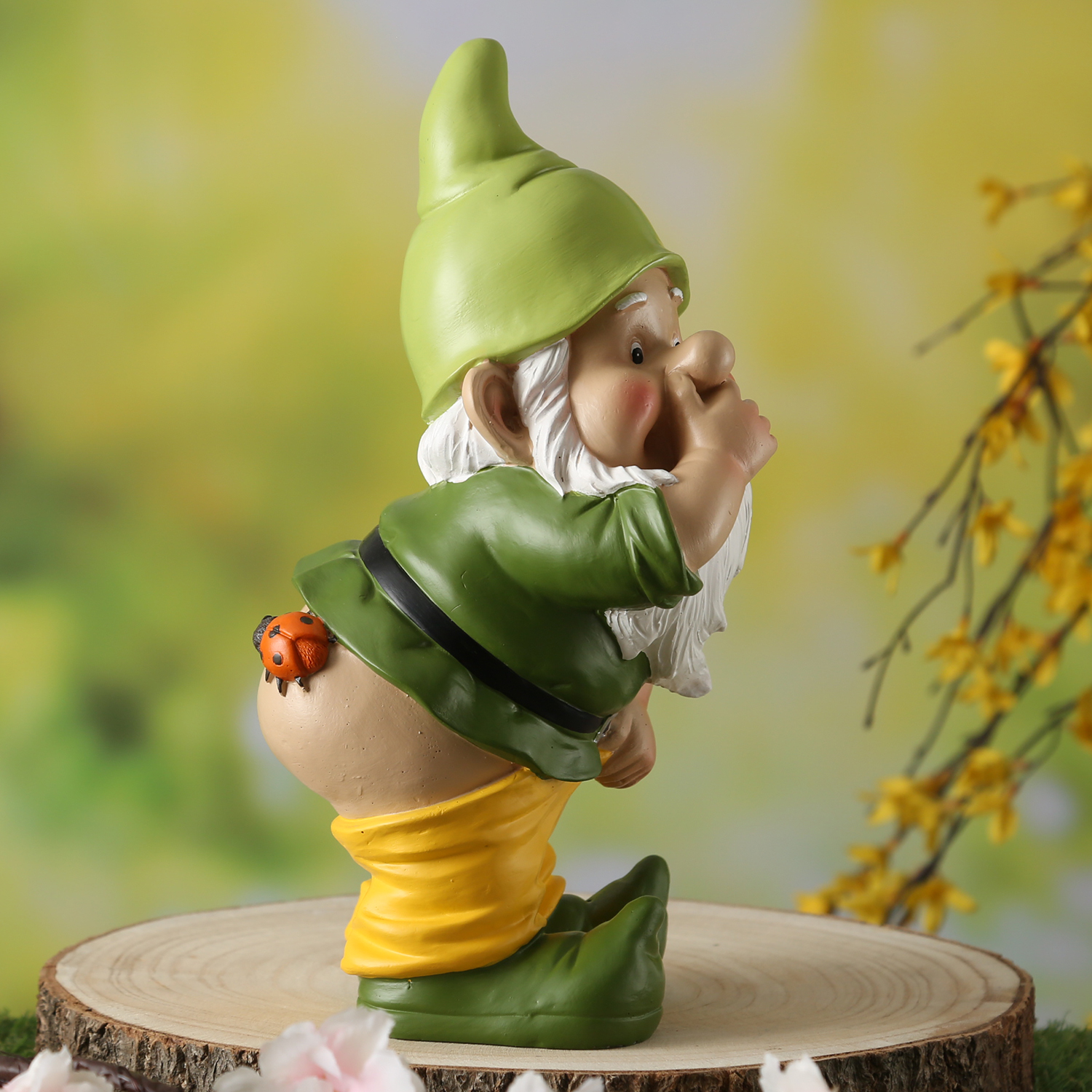 Gartenzwerg Hose Runter mit Marienkäfer - Frecher Zwerg mit nacktem Po  - Polyresin - H: 27cm